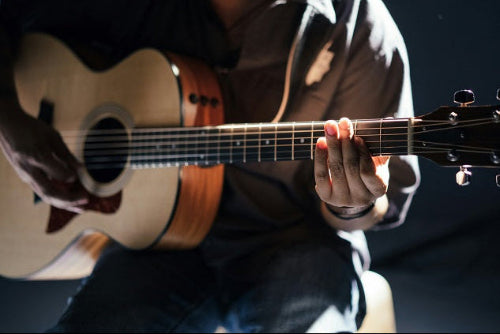 Person playing an acoustic guitar with a dark background
